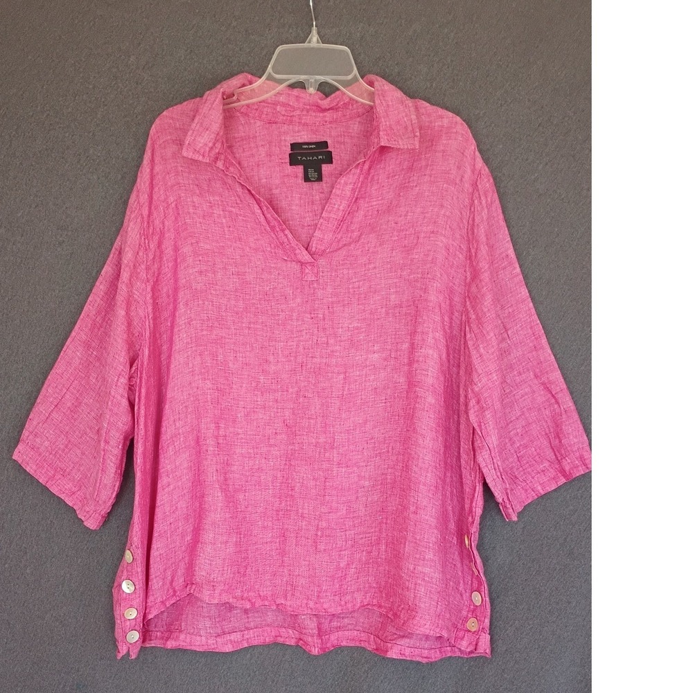 Tahari Womens Pink/Red 100% Linen Split Neck Button Side Tunic Top 2X Lagenlook
